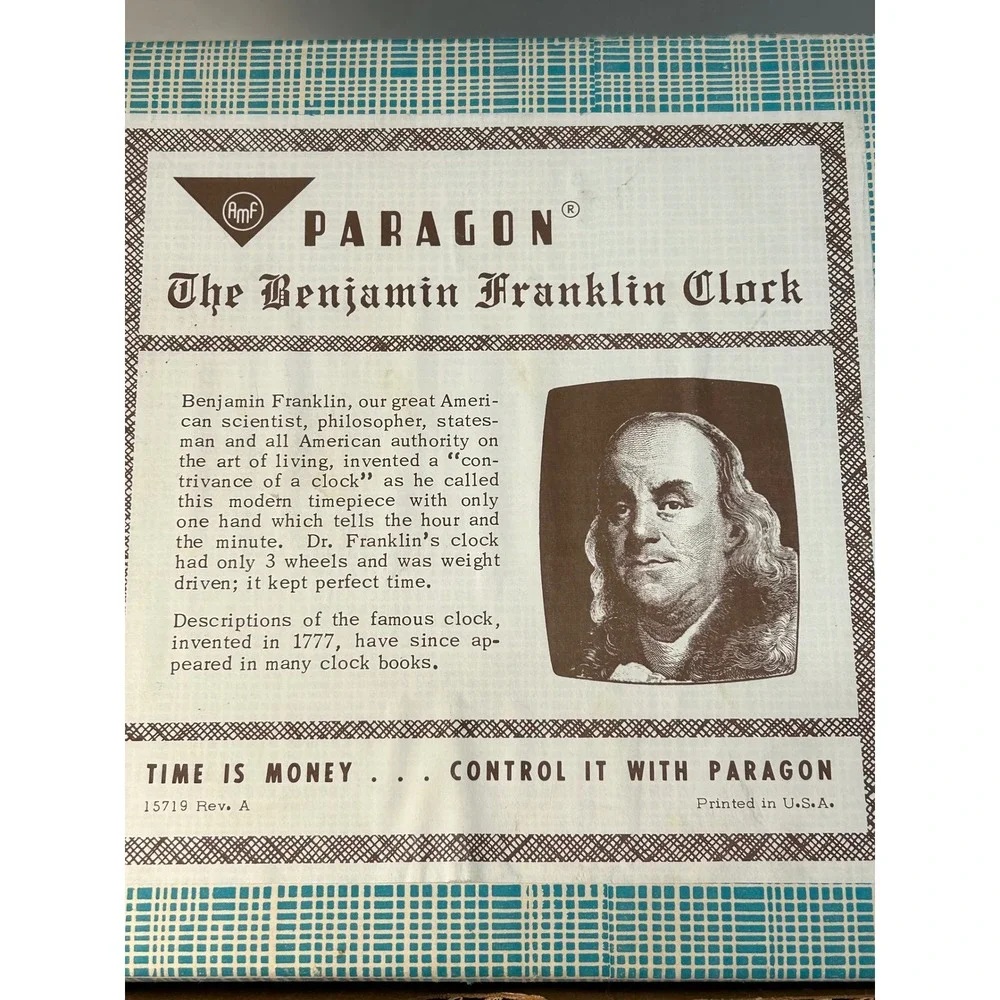 Vintage Benjamin Franklin Clock Paragon Electric BFC1-0 Single Hand Boxed USA
